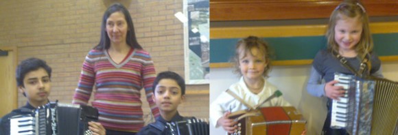 Photo Left: Stephen and Simon Gardner with teacher Ingrid Gould Photo right: youngest children