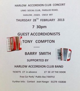Tony Compton, Barry Smith @ Harlow Accordion Club poster